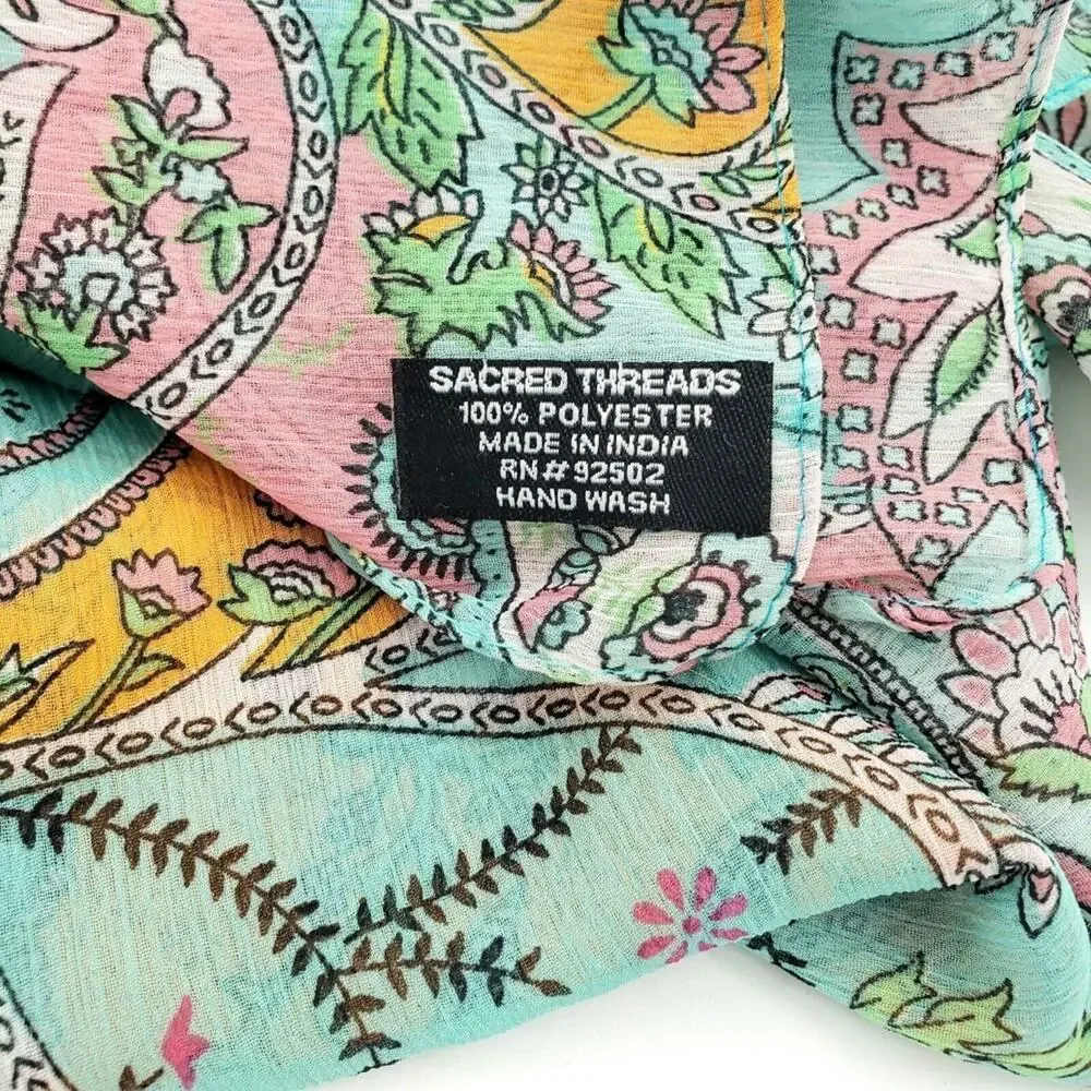 SACRED THREADS Boho Colorful Scarf Aqua Pink Paisley Floral Sheer Crinkle NEW